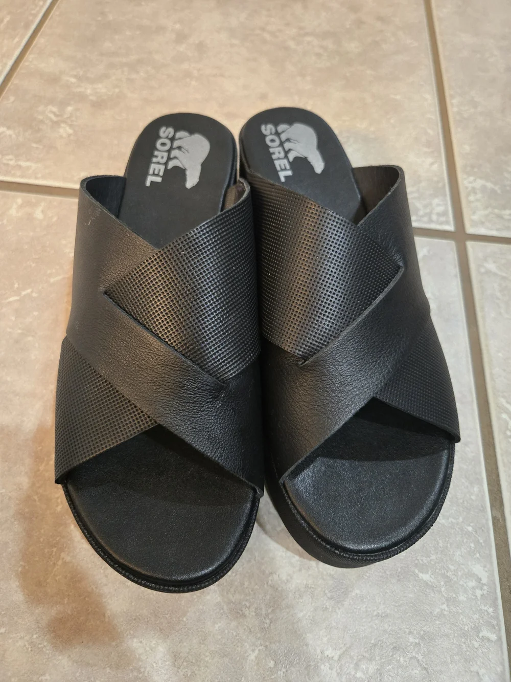 Sorel Cameron Leather Platform Slide Sandals Black Women's Size 7.5